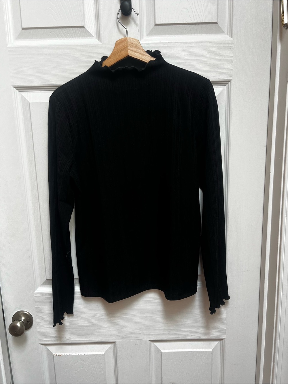 LOFT Black Ribbed Ruffle Mock Neck Top